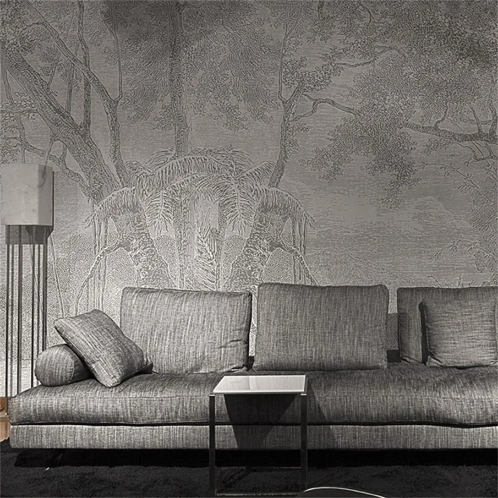 Home Improvement Background - วอลเปเปอร์ติดผนังลายป่าต้นไม้สไตล์วินเทจสำหรับห้องนั่งเล่น ห้องนอน พื้นหลังแบบจีน ภาพจิตรกรรมฝาผนัง 3 มิติ