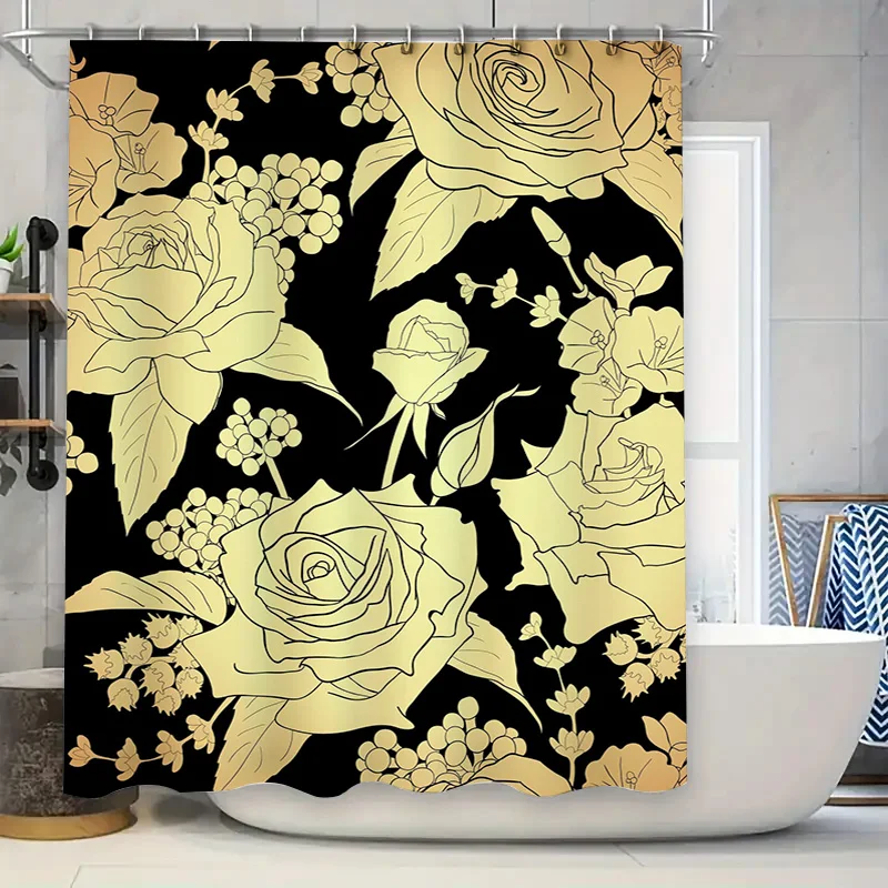 Home Improvement Background - Luxury Golden Floral ผ้าม่านพื้นหลังสีดําตกแต่งห้องน้ําสําหรับ Modern Home